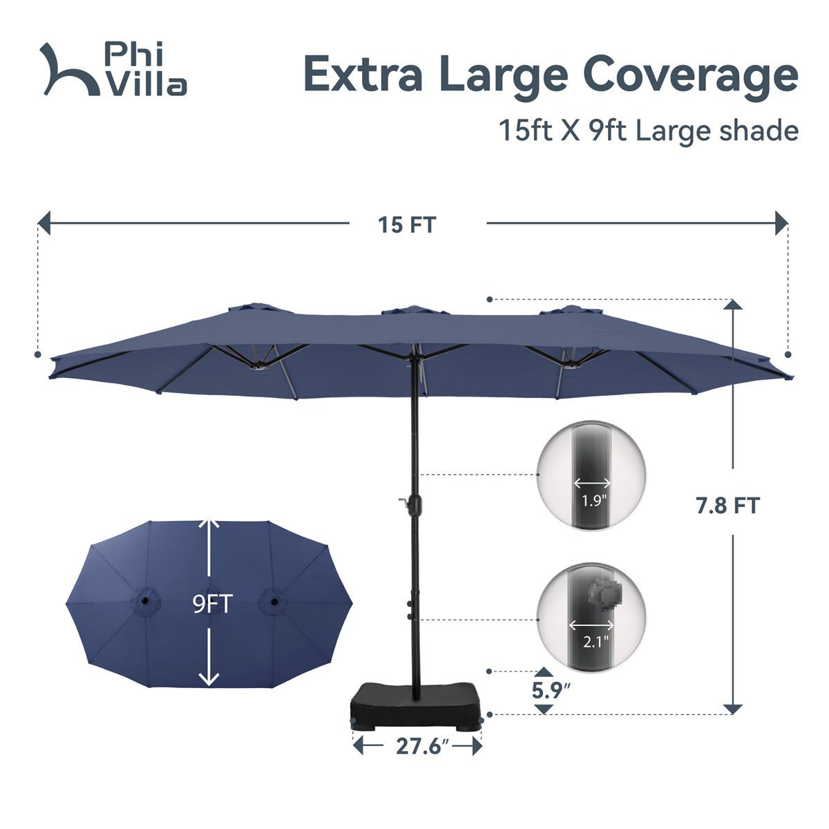 15ft Double-Sided Patio Extra Large Twin Umbrella with Base