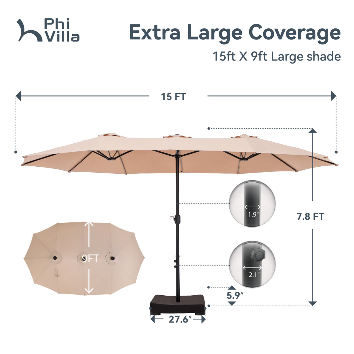 15ft Double-Sided Patio Extra Large Twin Umbrella with Base