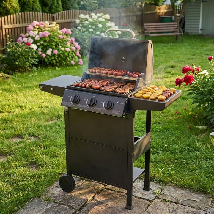 GRILL GAZOWY OGRODOWY LANDGRAF RUSZT MIEJSCE NA BUTLĘ TERMOMETR PÓŁKI